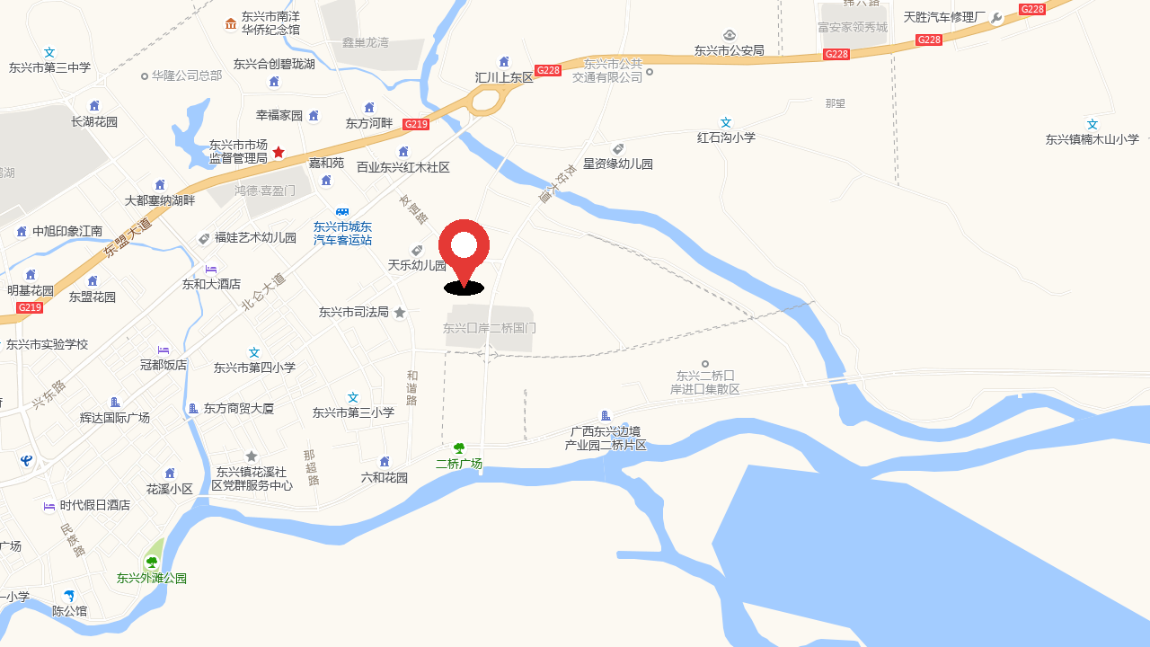 高德地图：东兴二桥口岸，恒天宝位置